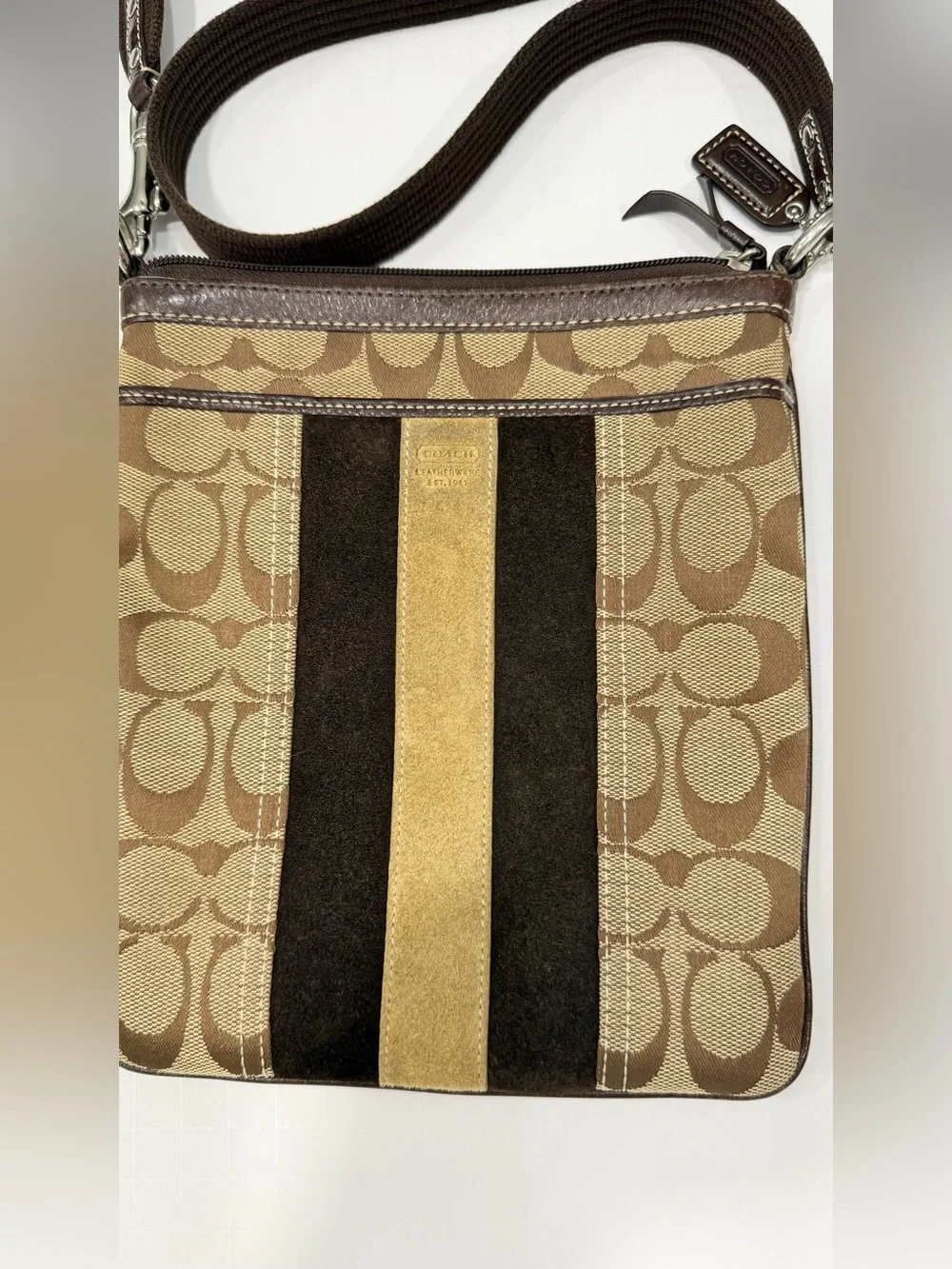 Coach Tan and Dark Brown Signature Stripe Messenger Bag